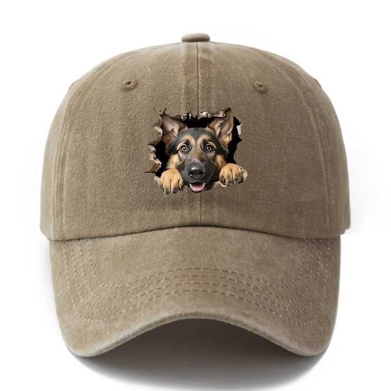 Adjustable retro washed baseball cap with German Shepherd print suitable for casual hip-hop hats at parties and festivals S260306