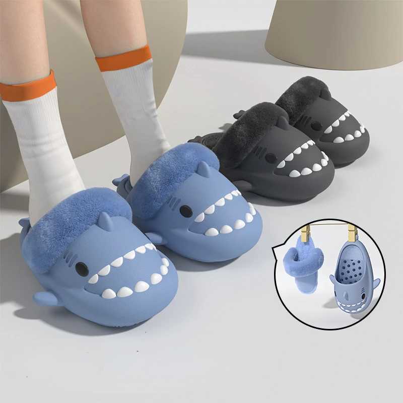 MenS Winter Plush Shark Slippers Couple Adults Warm Fluffy Slides Soft Household Cartoon Indoor Detachable Home Cotton Shoes S260305