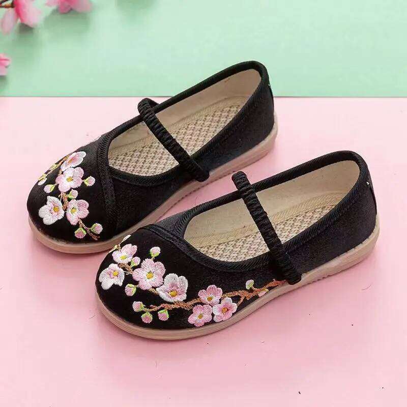 New Children's Ethnic Style Embroidered Canvas Rubber Sole Linen Insole Round Toe Slip-On Light Girls Vintage Hanfu Shoes 26H0306