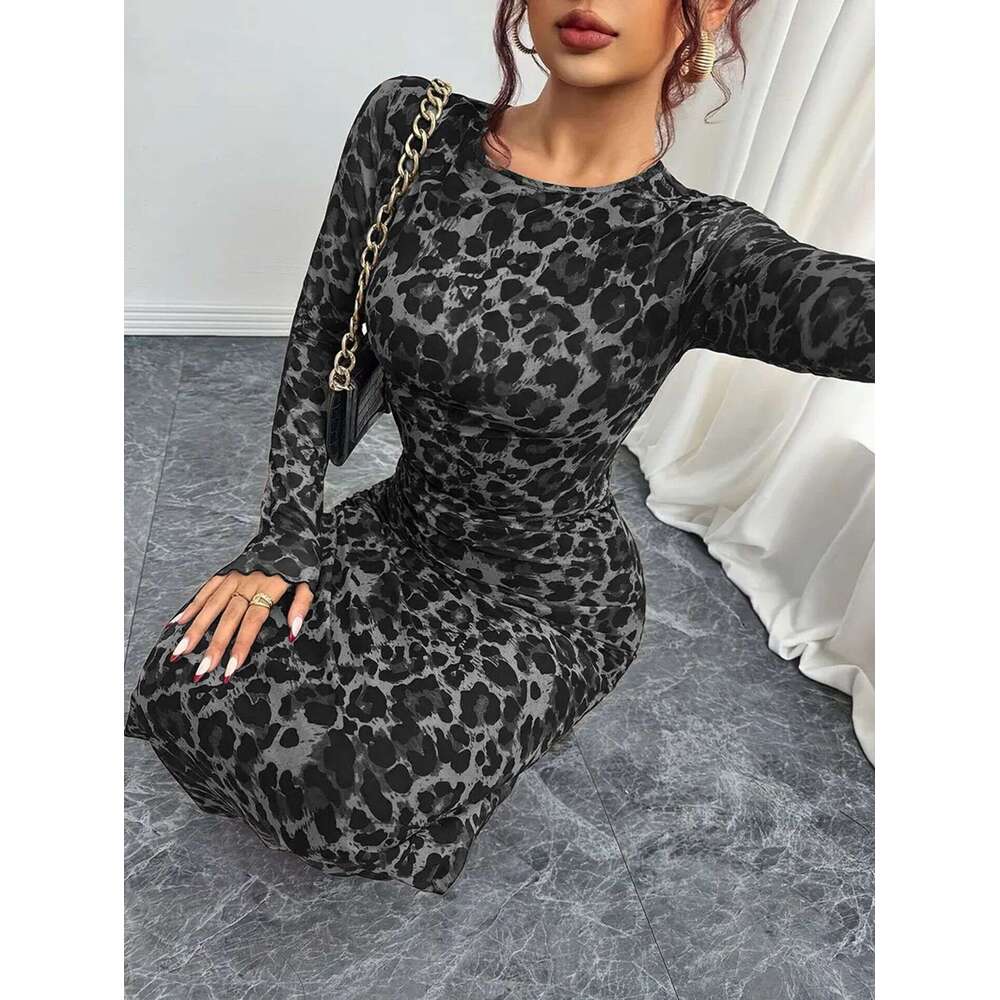 2026 European and American Women's Elegant Leopard Print Slim Fit See-Through Sleeve Sexy Waist-Cinching Tight-Fitting Long Dress