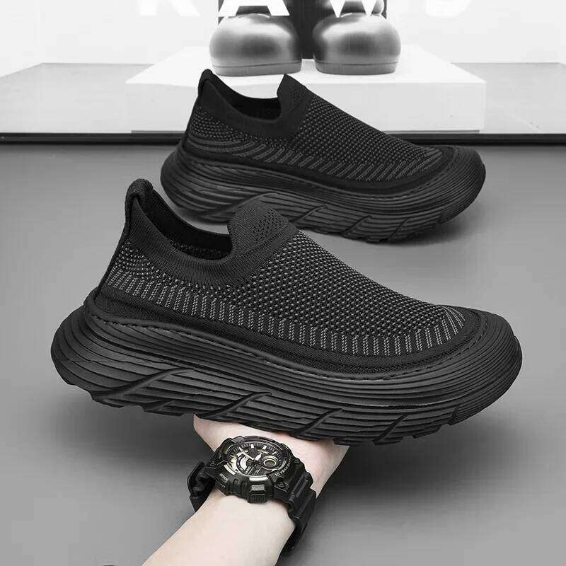 European 2025 New Spring Casual Sports Men's Sneakers Breathable Mesh Upper Knitted Men Shoes Thick Base Single