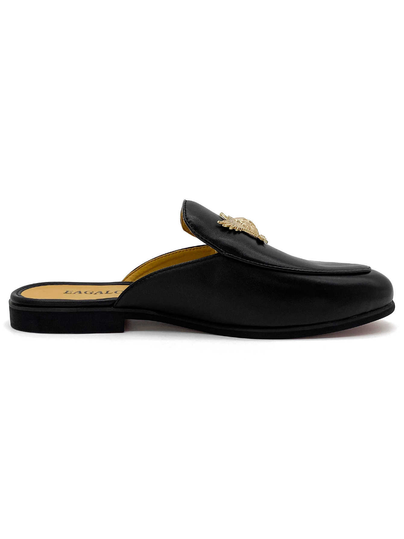 Men's Black Leather Mules Slippers with Golden Eagle Metal Emblem Backless Loafers Red Bottom Slip-on Casual Dress Shoes
