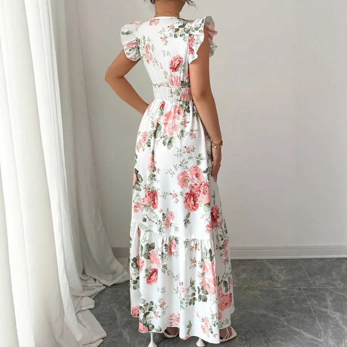 New Summer Womens Dress V-neck Elastic Waist Flying Sleeves Date Girl Vacation Fashion Patchwork Flower Print Female Long Skirt X260306