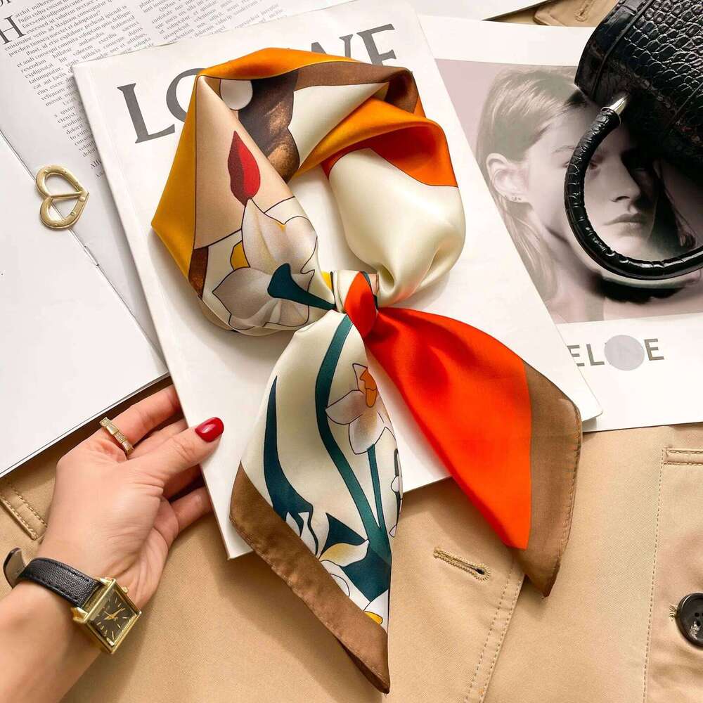 Silk Square Scarf Women Luxury Floral Print Kerchief Soft Satin Hairband Hands Bag Ribbon Foulard Hijab Neckerchief Headband 26Y0306