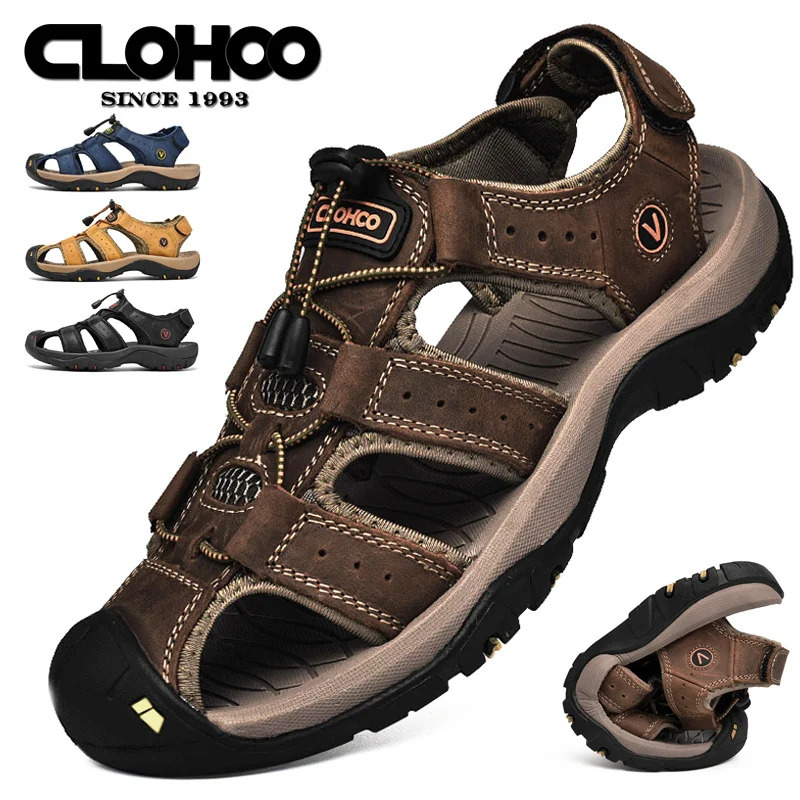 CLOHOO Mens Sandals Handmade Thick Bottom Rubber Breathable Casual Slip-On Beach Shoes Leather Upgraded Version 260227