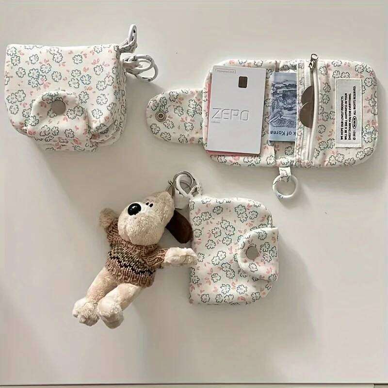 Mini Cute Flower Canvas Card Multi Layer Zero Wallet Earphone Storage Bag C260304