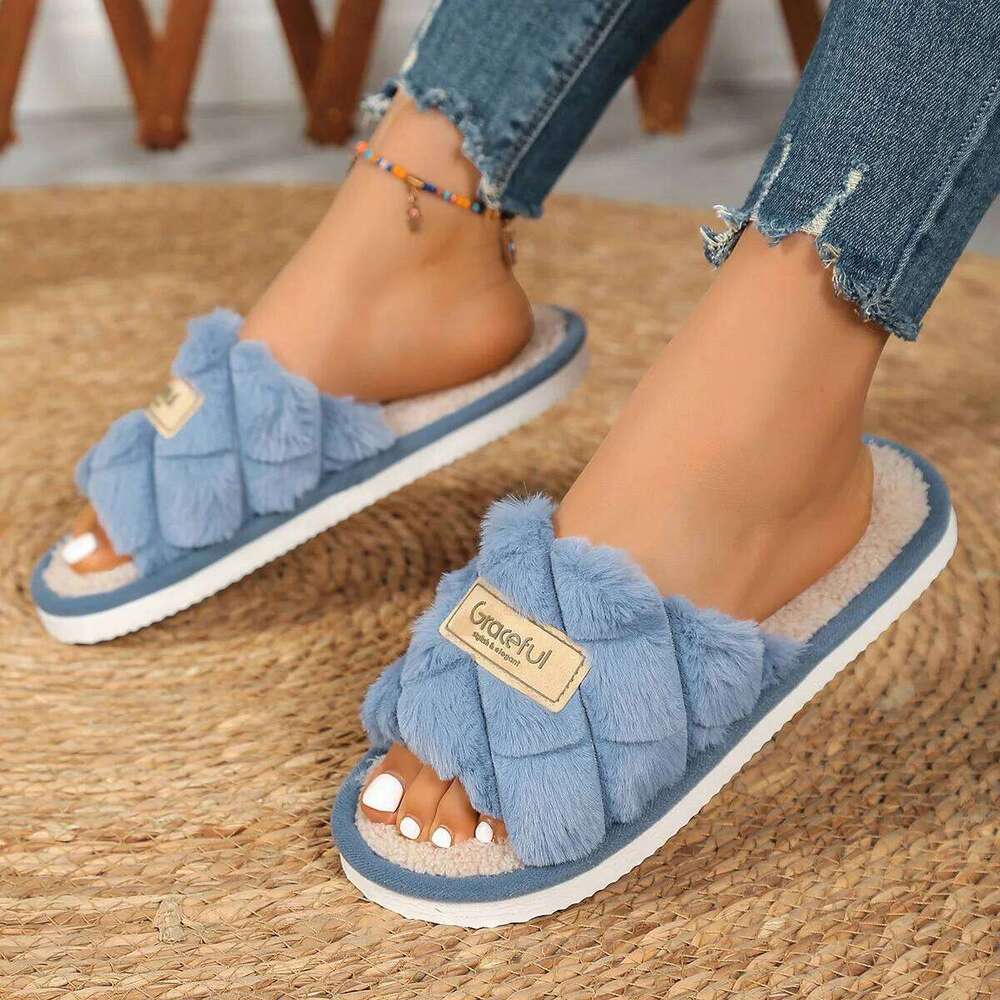 Litfun Winter Fluffy slippers For Women Open Toe Flat Bottom Home Slides New Warm Indoor Cotton Shoes Soft Sole Women's Slippers