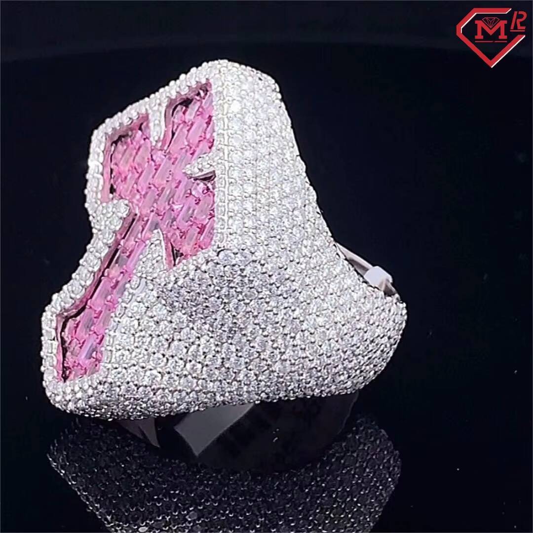 Hot Selling Moissanite Silver Ring for Rapper Hip Hop Pink Stone Cross Ring 925 Sterling Silver Cistom Moissanite Ring