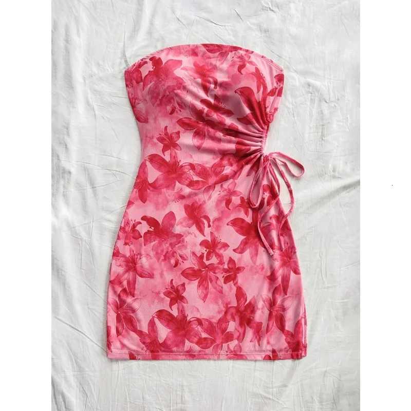 Womens 2025 Floral Print Tube Mini Dress Strapless Backless Party Club Short Ruched Drawstring Bodycon Party Dresses Streetwear X260306