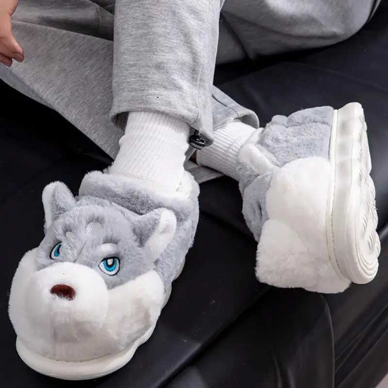 Women Indoor Cotton Slippers Cute Cartoon Dog Winter Warm Shoes Couples Home Floor Slides Anti-slip Female Male House Footwear S260305