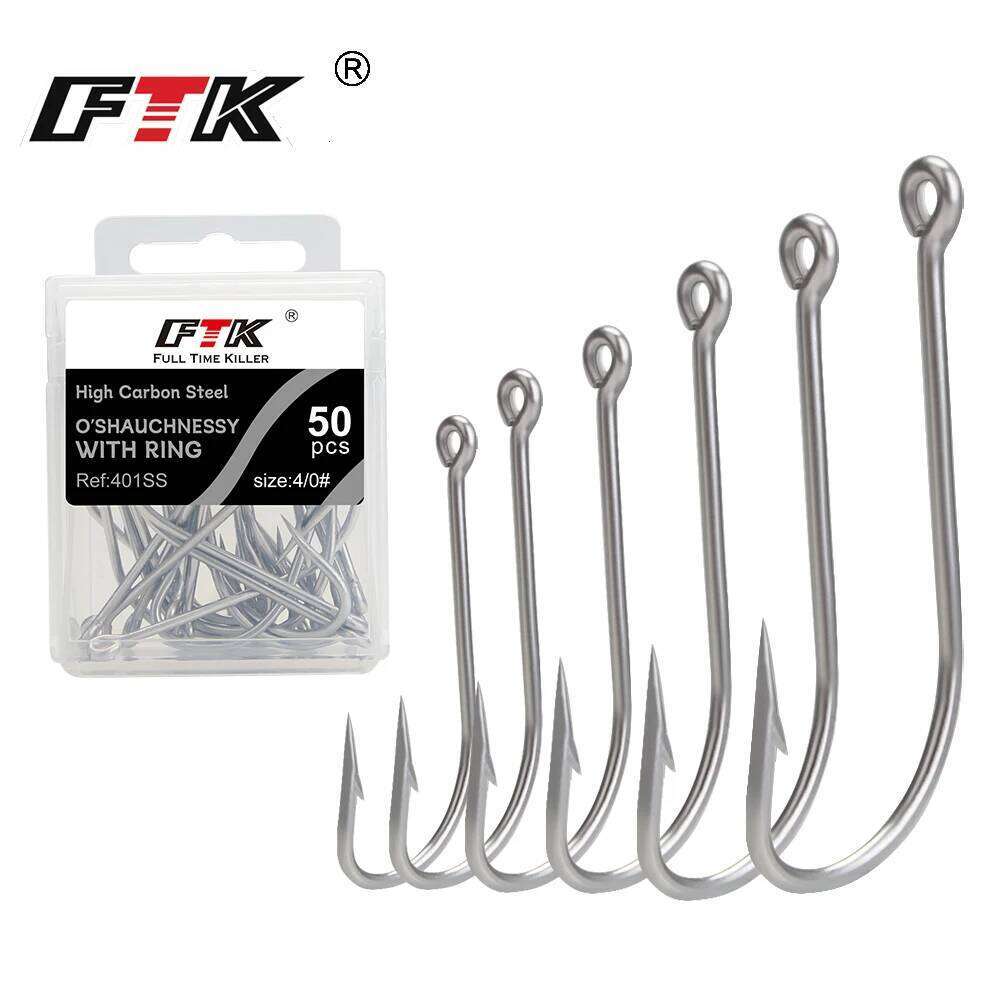 FTK 25-50Pcs Carbon Steel Hook With Eye Long Shank Barbed Sharp Fishhook for Saltwater Carp Fishing Accessories 401SS Y260305