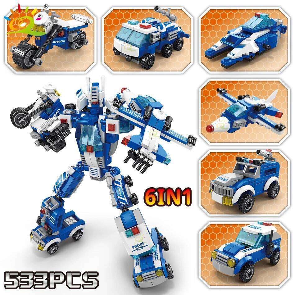 HUIQIBAO 533pcs 6in1 Police Truck Building Blocks City Construction Helicopter Car robot Bricks Set For Children Toys Kids Gift Z260306