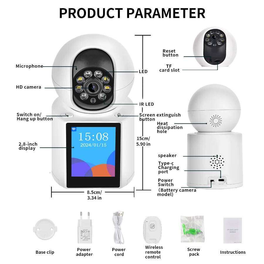2MP wireless WIFI video camera baby safety protection monitor 2.8-inch screen button call PTZ human shape detection ICSEE 26W0306