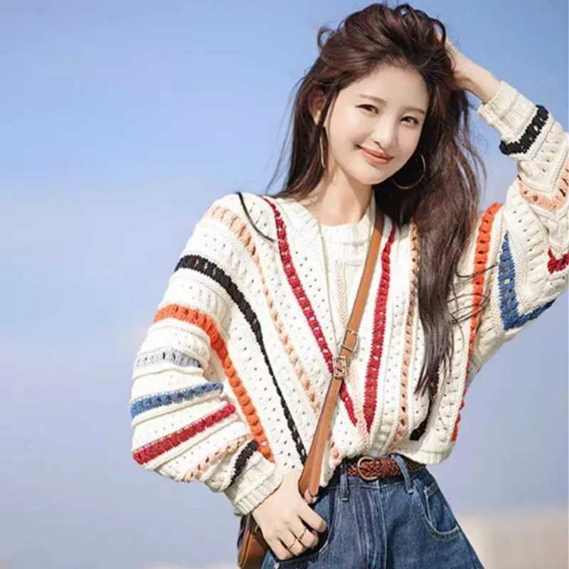 New Chic Rainbow Color Cardigan Women Sweater Autumn O Neck Knitted Coats Hollow Crochet Loose Long Sleeve Jacket Sweet Style M260306