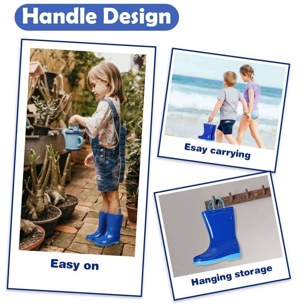Litfun 2025 New Children Waterproof Non-slip Kids Rubber Boots With Easy-On Handles Soft Sole Unisex Rain Shoes