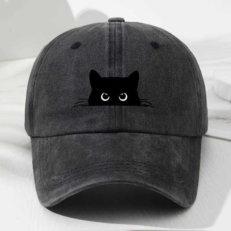 Cute cat print vintage washed baseball cap for men and women versatile casual curved brim hat S260306