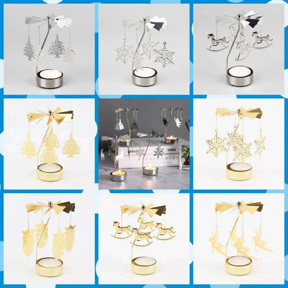 Metal Tea Light Gold Silver Hollow Christmas Rotating Candle Holder Angel Carousel Pattern XJ260305