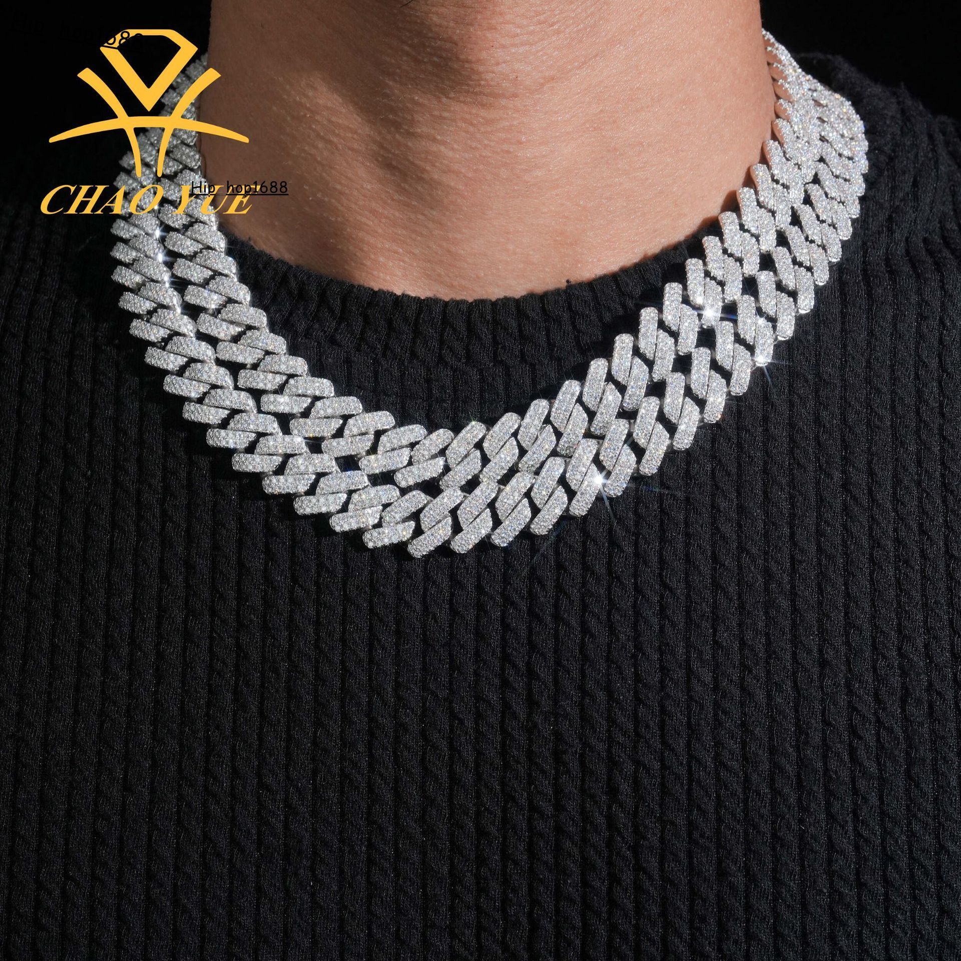 New 925 Silver Moissanite Cuban Chain 14MM Double Row Full Diamond Hip Hop Jewelry HIPHOP Necklace