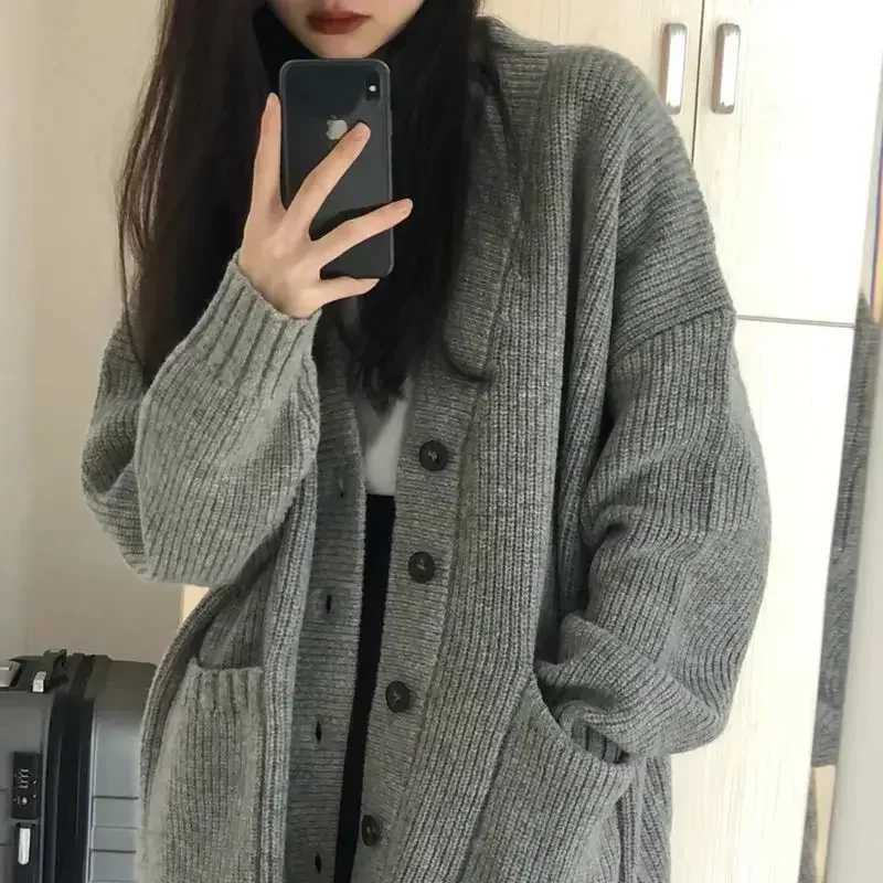 2024 New Preppy Style Womens Knit Sweater Cardigan Loose Fit V-neck Versatile Solid Color Korean Version Pullovers M260306