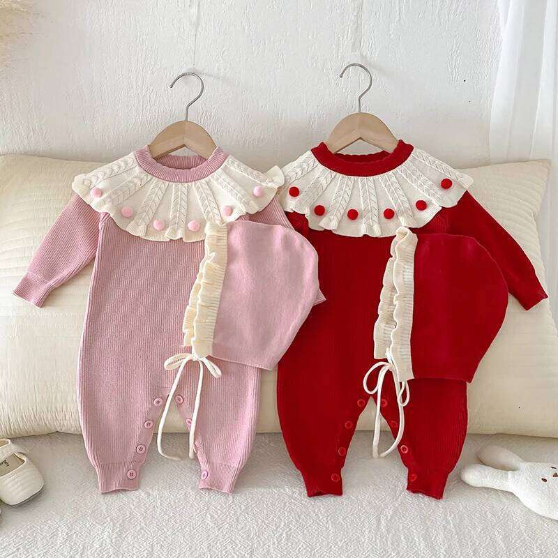 2025 New Autumn Children Clothes Infant Girls Long Sleeved Splicing Jumpsuit Newborn Baby Knitted Bodysuits+Hat Z260306
