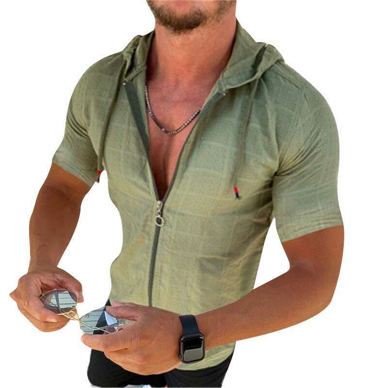 2025 New Model for Foreign Trade: Amazon European and American Fashion Men's Short-Sleeve Hooded Zipper T-Shirt