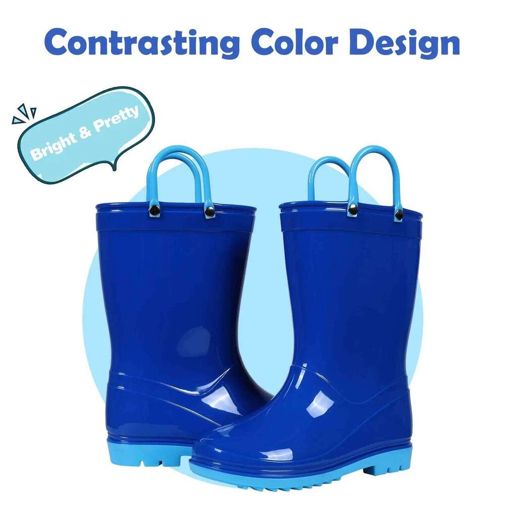 Litfun 2025 New Children Waterproof Non-slip Kids Rubber Boots With Easy-On Handles Soft Sole Unisex Rain Shoes