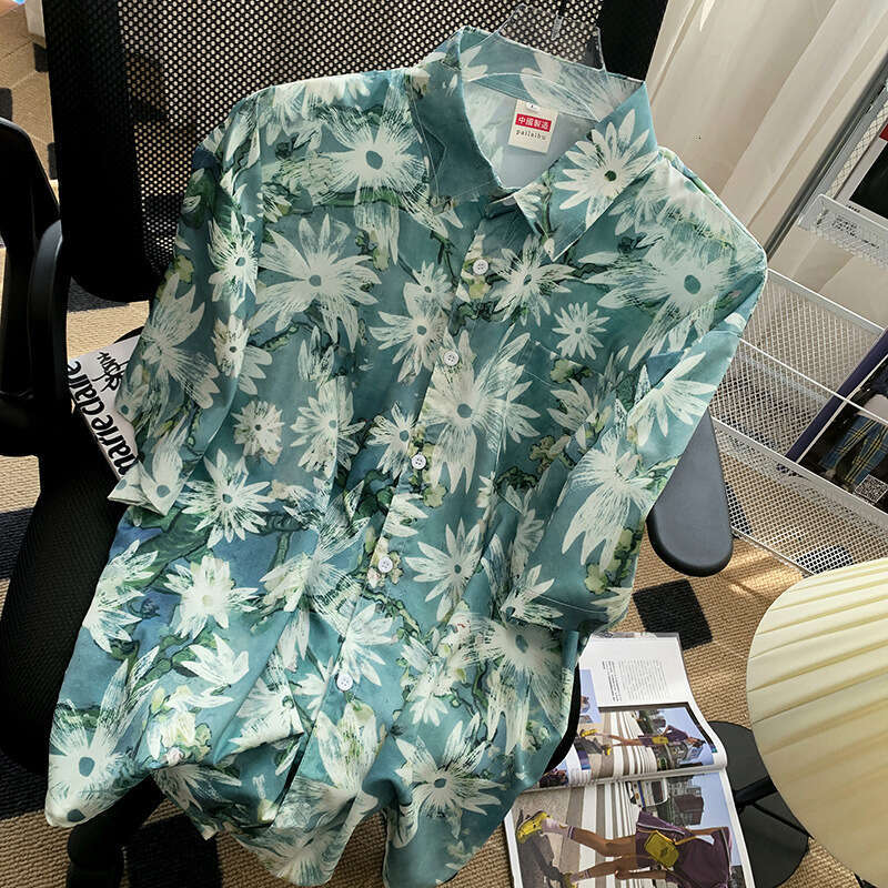Floral shirt for men, short-sleeved, Hawaiian casual, summer thin style, trendy loose shirt, oversize, couple's five-quarter sleeve