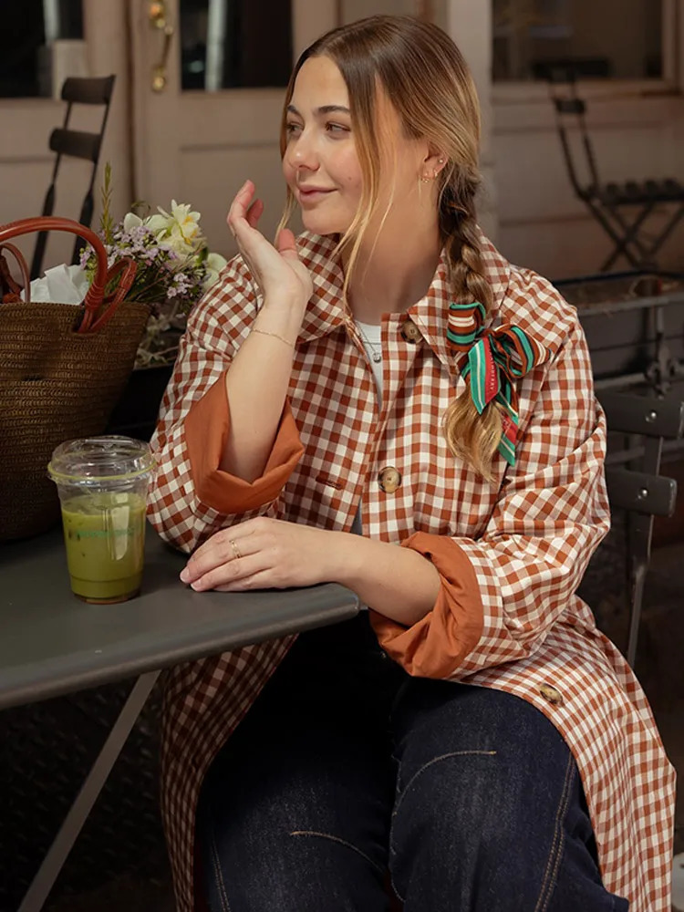 Female Plaid Long Windbreaker Fashion Chic Lapel Single Breasted Pocket Loose Jackets Lady Daily Commuting Street Outerwear 260228
