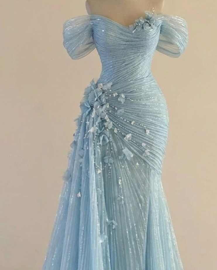 Elegant Mermaid Evening Dresses Off-Shoulder Sleeveless Crystals Pleated 3D Flower Prom Party Dresses With Train Customized