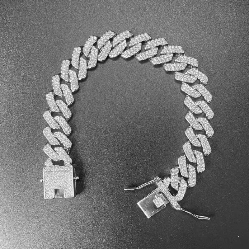 Source Manufacturer High-Quality Zinc Alloy 14MM Diamond Cuban Chain Necklace Bracelet Hip-Hop Unisex Jewelry Wholesale