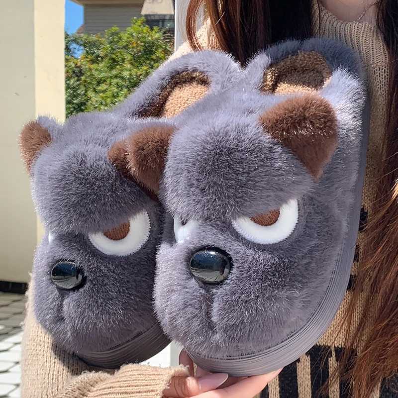 Husky Dog Faux Fur Couple Winter Slippers Chunky Platform Non Slip House Shoes Woman Comfort Fluffy Plush Outdoor Slippers Women S260305