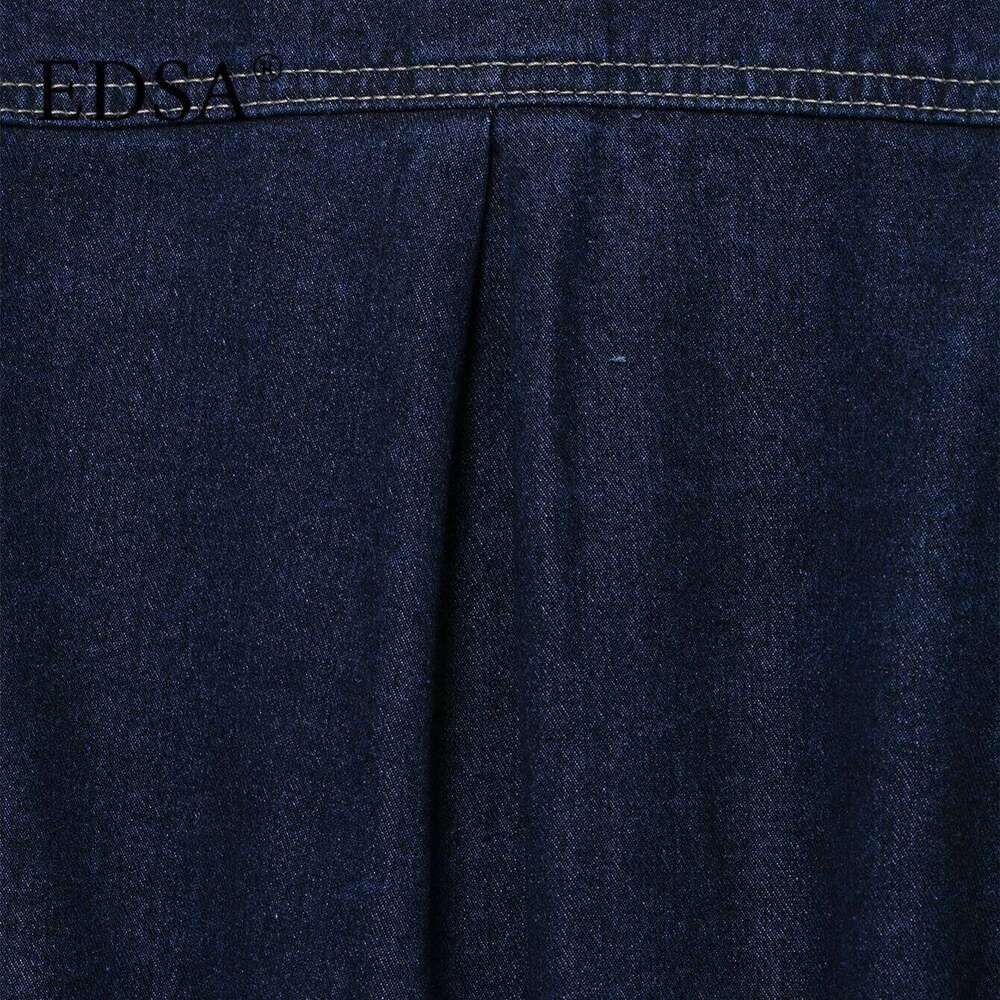 EDSA Women Vintage Denim Jacket Coat with Sashes Flap Pockets Long Sleeves Turn-down Collar for Female High Street Outerwear
