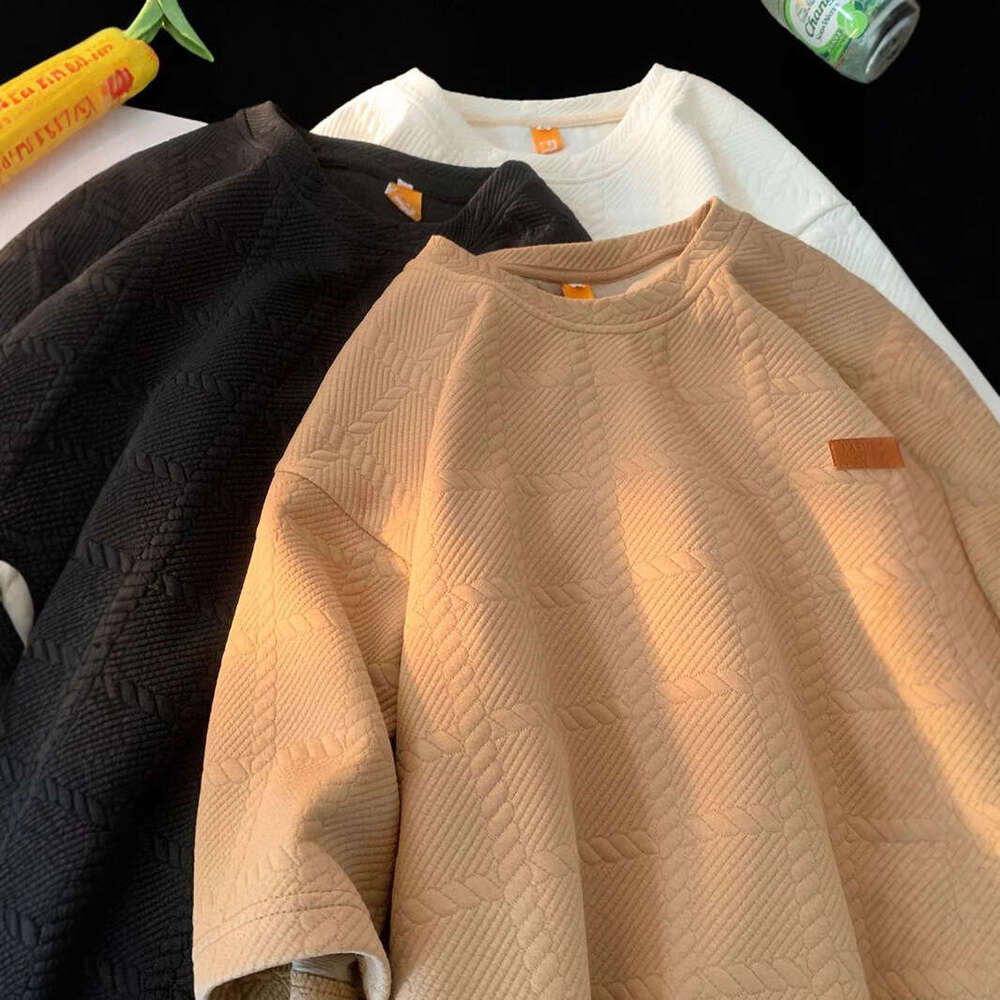 Men's textured jacquard heavyweight T-shirt, summer large size loose fit, round neck casual short-sleeve T-shirt