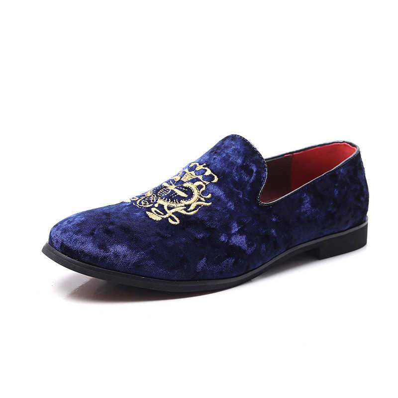 Men's Luxury Emerald Blue Velvet Loafers Gold Embroidered Slip-On Dress Shoes Men's Luxury Velvet Loafers