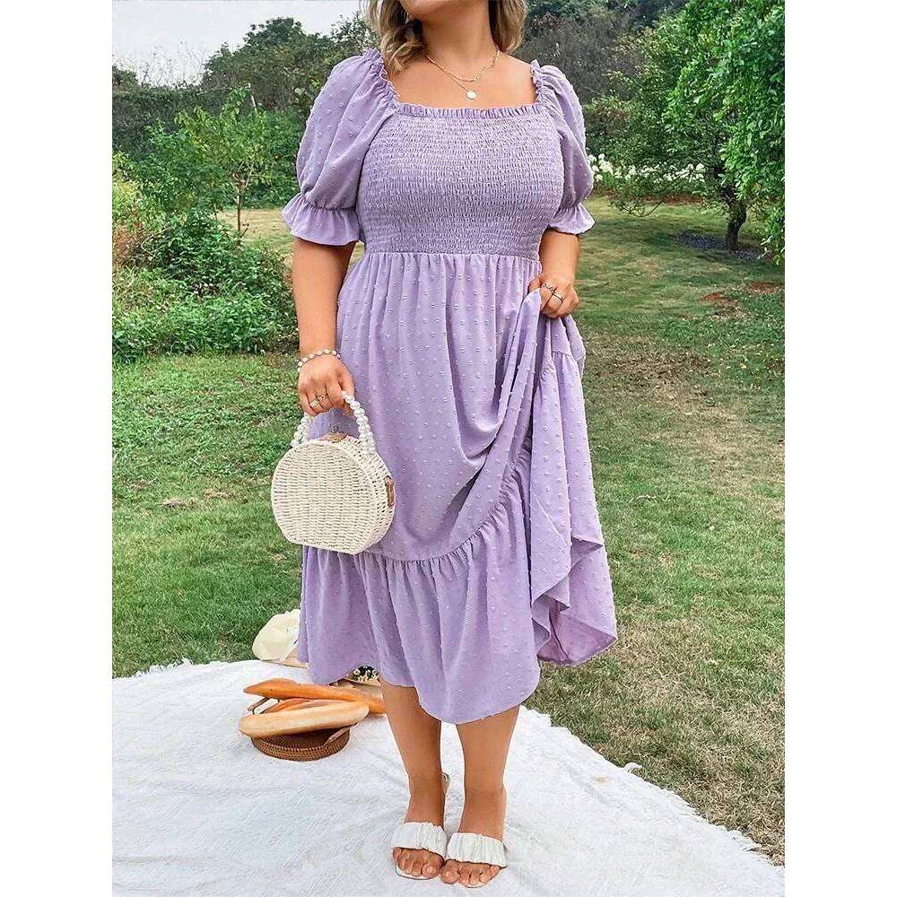 Plus Size Women's Pure Color Wrap Ruffle Hem Midi Square Neck Backless Short Sleeve Dress Elegant temperament