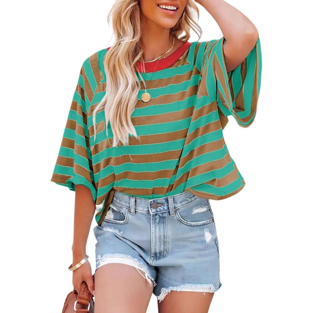 Tops Designer Striped 2026 Fashion T Shirts for Women Color Block Crewneck Design Loose Basic Tee