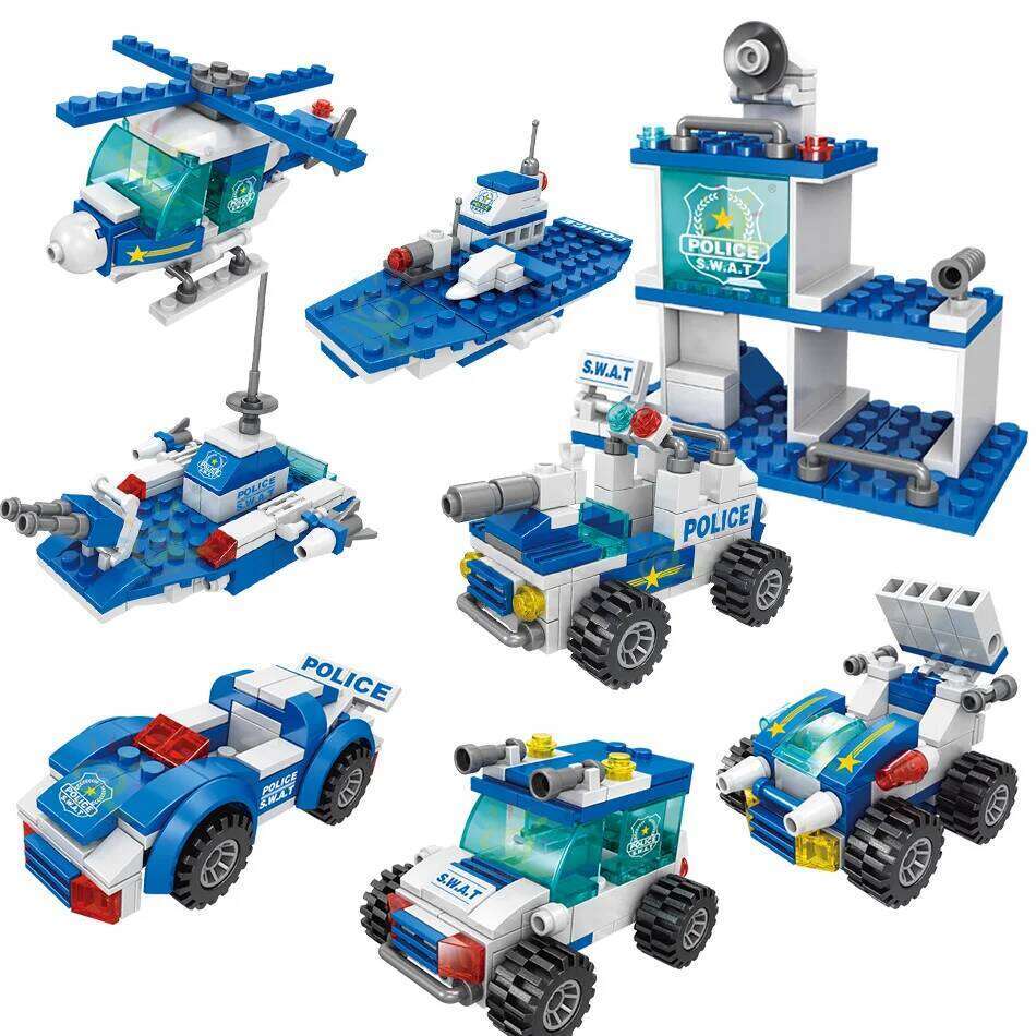 HUIQIBAO 700PCS 8in1 City Police Command Trucks Building Blocks Policeman Robot Car Helicopter Model Bricks Toys for Children Z260306