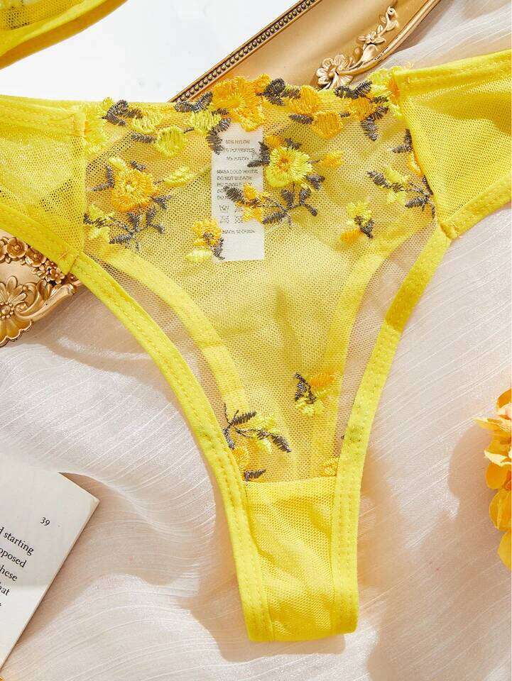 Fairy Yellow Sexy Lingerie Women Transparent Bralette 2 Piece Underwear Sets Floral Embroidery Push Up Bra And Panty Set