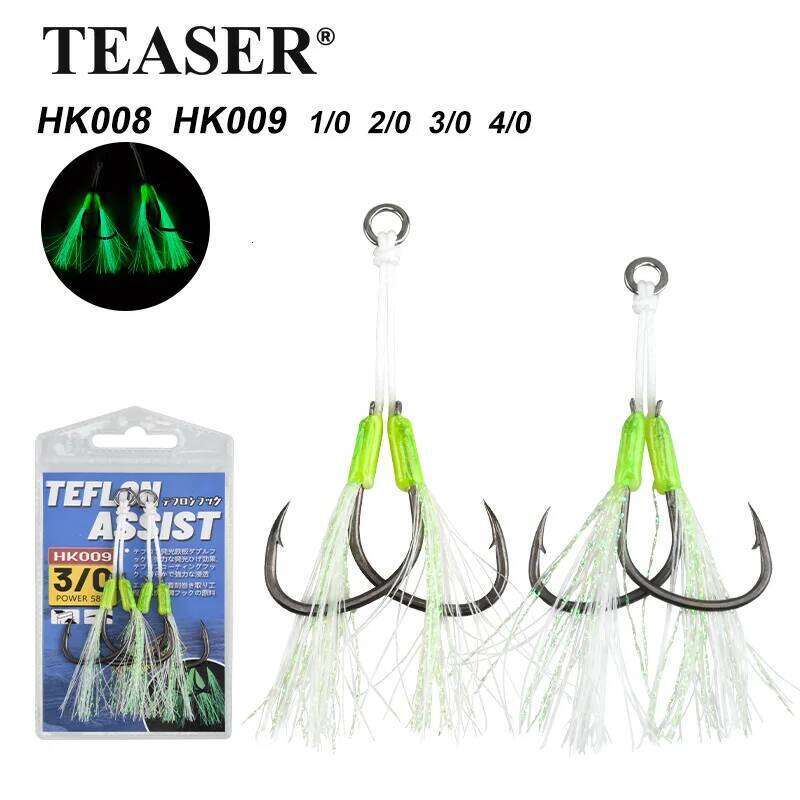 TEASER HK008 HK009 2pcs/bag Saltwater Luminous Slow Jigging Assist Hook 1/0 2/0 3/0 4/0 High Carbon Steel Sea Fishing Hooks S260305