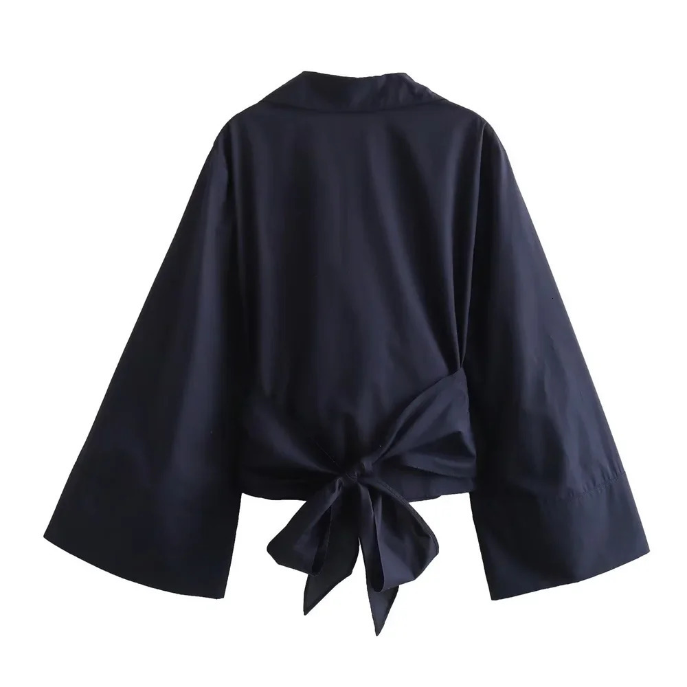 Womens Fashion Casual Polo Neck Bow Tie up Short Edition Double Breasted Poplin Shirt 260306