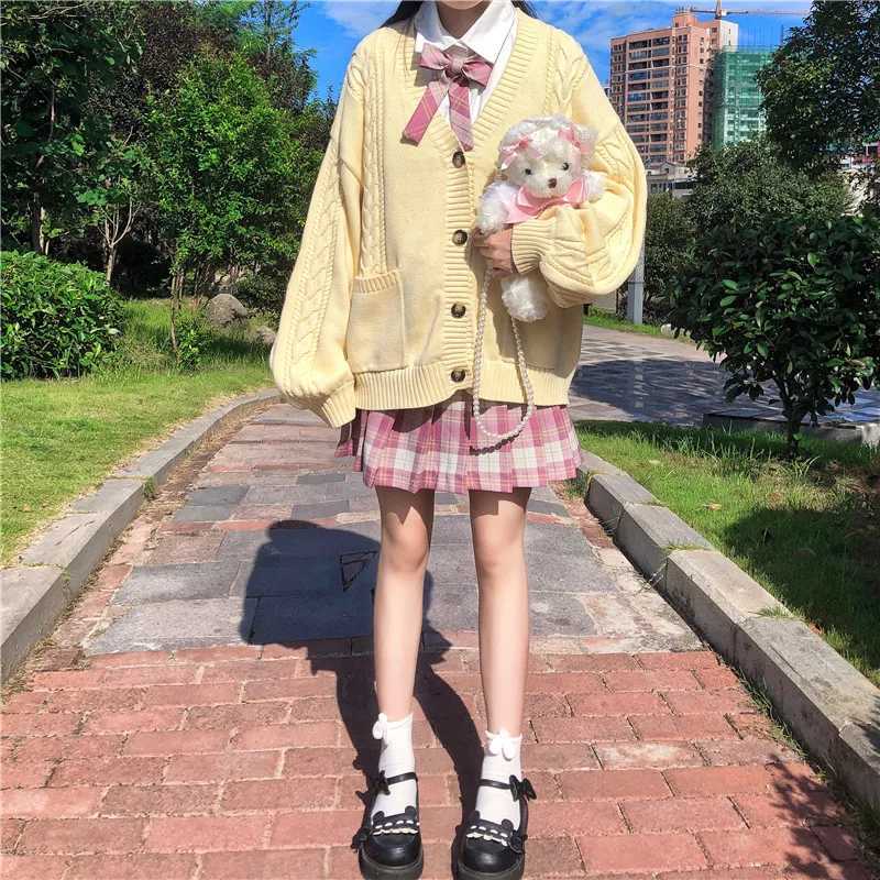 Japanese Sweet Girls JK Cardigan Loose Knitted Twist Sweater Coat Student School Uniform Women Fashion Double Pockets Knitwear M260306