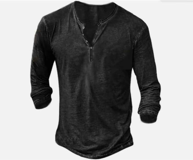 Cross-border European and American foreign trade retro button long-sleeve with 3D digital printing, men's solid color versatile T-shirt