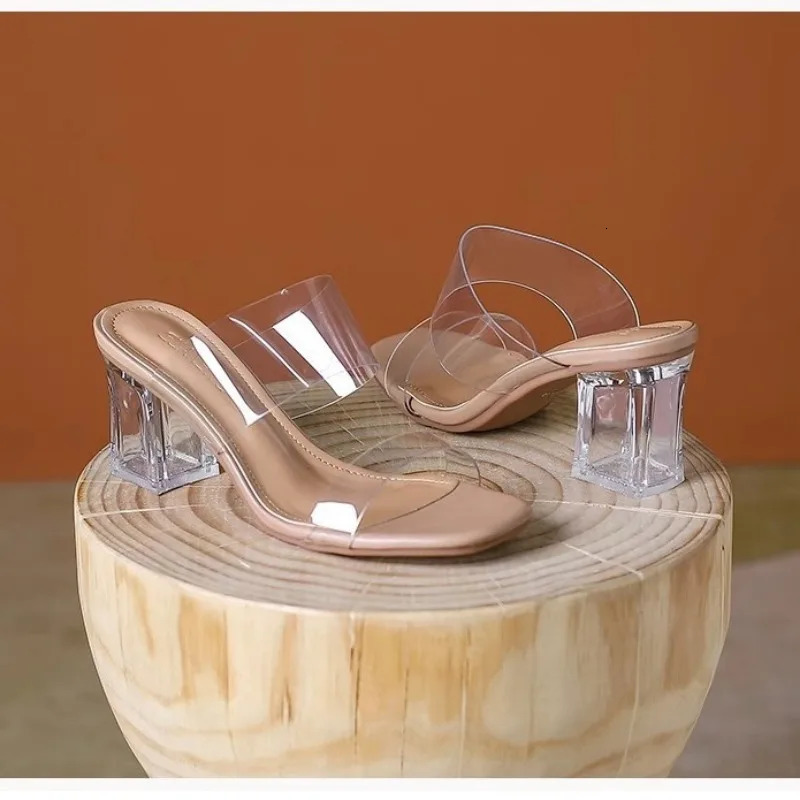 Shoes Transparent Slippers Thin Heels Slipers Women Slides Heeled Mules Jelly Flip Flops Med High Glitter 260305