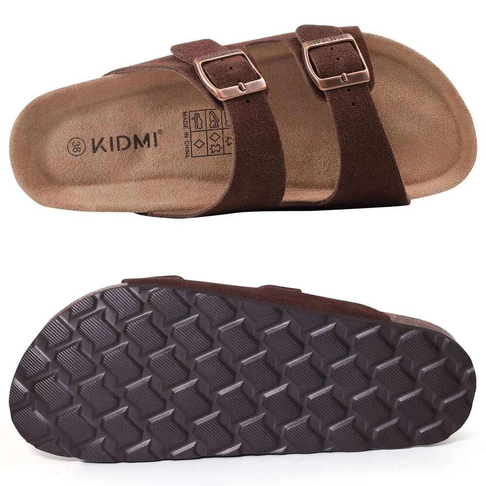 Litfun Summer Classic Women's Cork Sandals With Arch Support Cow Suede Comfortable Slides Anti-slip Unisex Adjustable Slippers