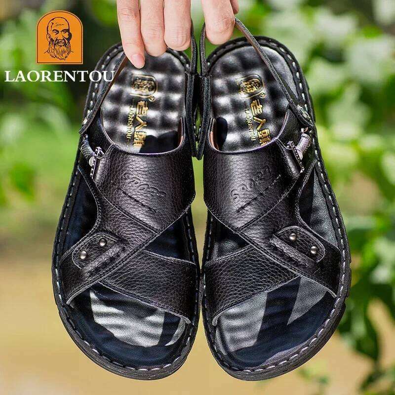 LAORENTOU leather male casual beach shoes wear non-slip sandals and sliers cowhide