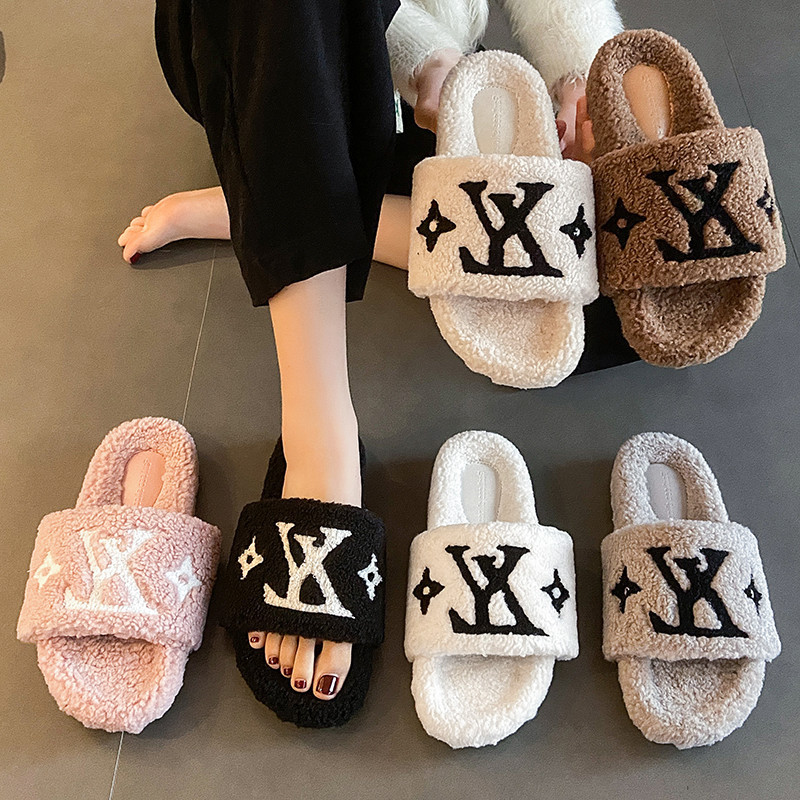 Slippers plush Cotton luxury Shoes Embroidery Flip Flops Sandals Fashion Anti-Slip Female Slides Women Furry Fluffy Faux Fur Warm Indoor Sliders