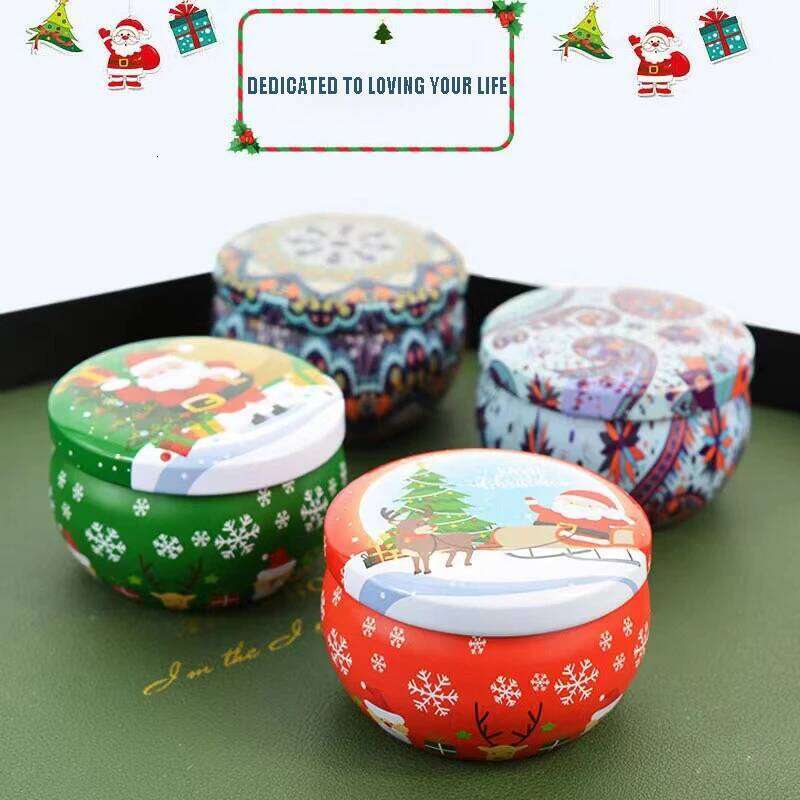 1pc Christmas Candle Jar Candy Flower Tea Gift Aromatherapy Tinplate Box Storage Pot Round Drum Shaped Metal Tin Can W260304 W260305