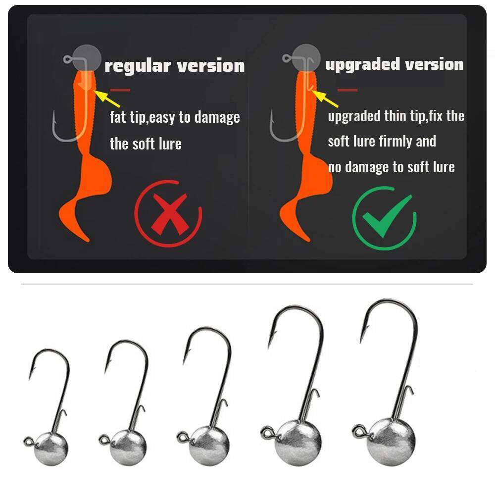 10pcs/lot Metal Jig Hooks 1g 20g All Size Round Ball Jigging Head Hook Barbed Weedless Long Shank for Soft Worm Fishing Fishhook S260305