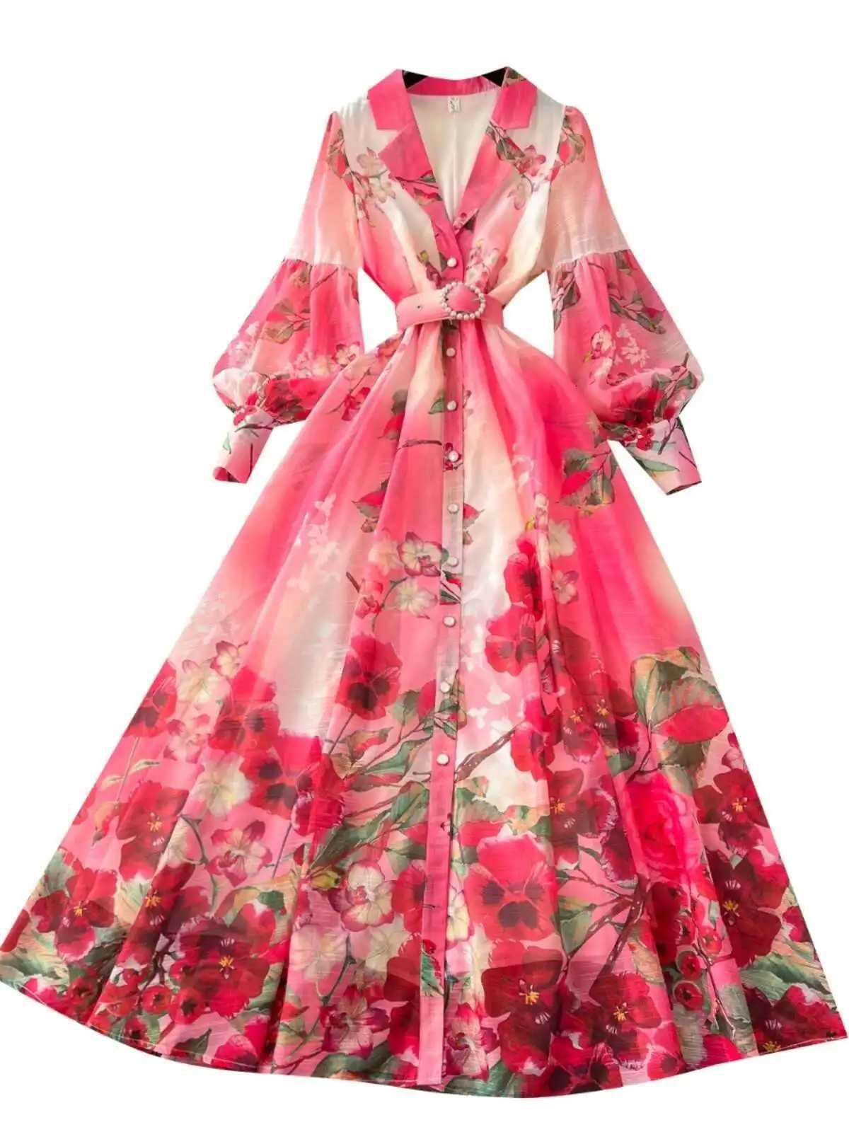 Floral Maxi Dress Women Summer Holiday Long Dresses Shirt 2025 Spring Full Sleeve Single Breasted Pearls Party Vestidos X260306