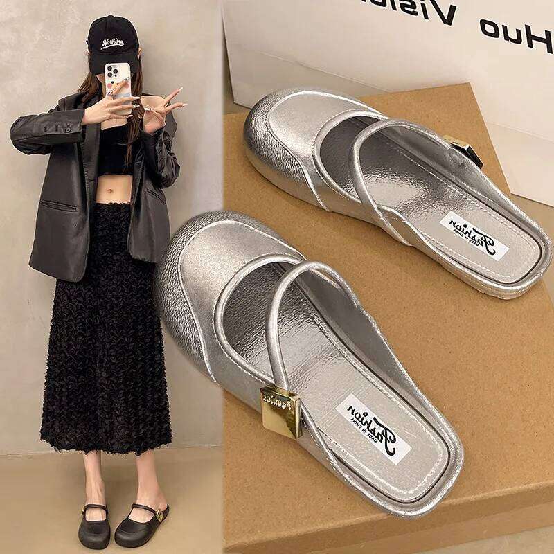 Womens Soft Bottom Mary Jane Summer Comfortable Flat Sandals Square Toe PVC Beach Shoes Pure Color Retro French Lazy Shoe